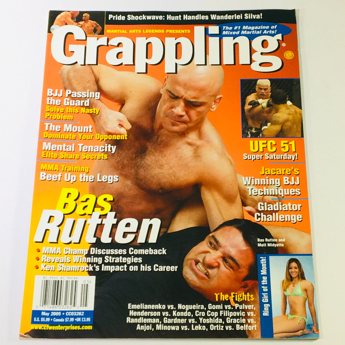 Cover of Grappling Magazine May 2005 featuring Bas Rutten and Matt Midyette. The magazine highlights topics like BJJ techniques, MMA training, and major events in grappling, capturing the essence of martial arts from the early 2000s.