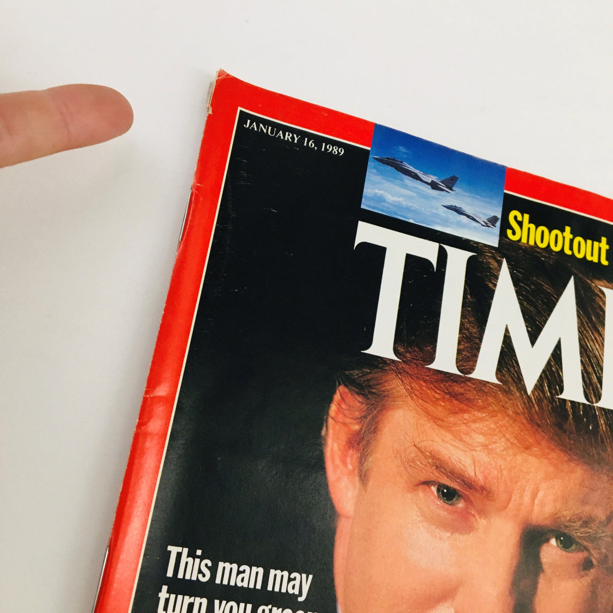 Close-up of the Time Magazine January 16, 1989 cover featuring Donald Trump, highlighting the title and date.