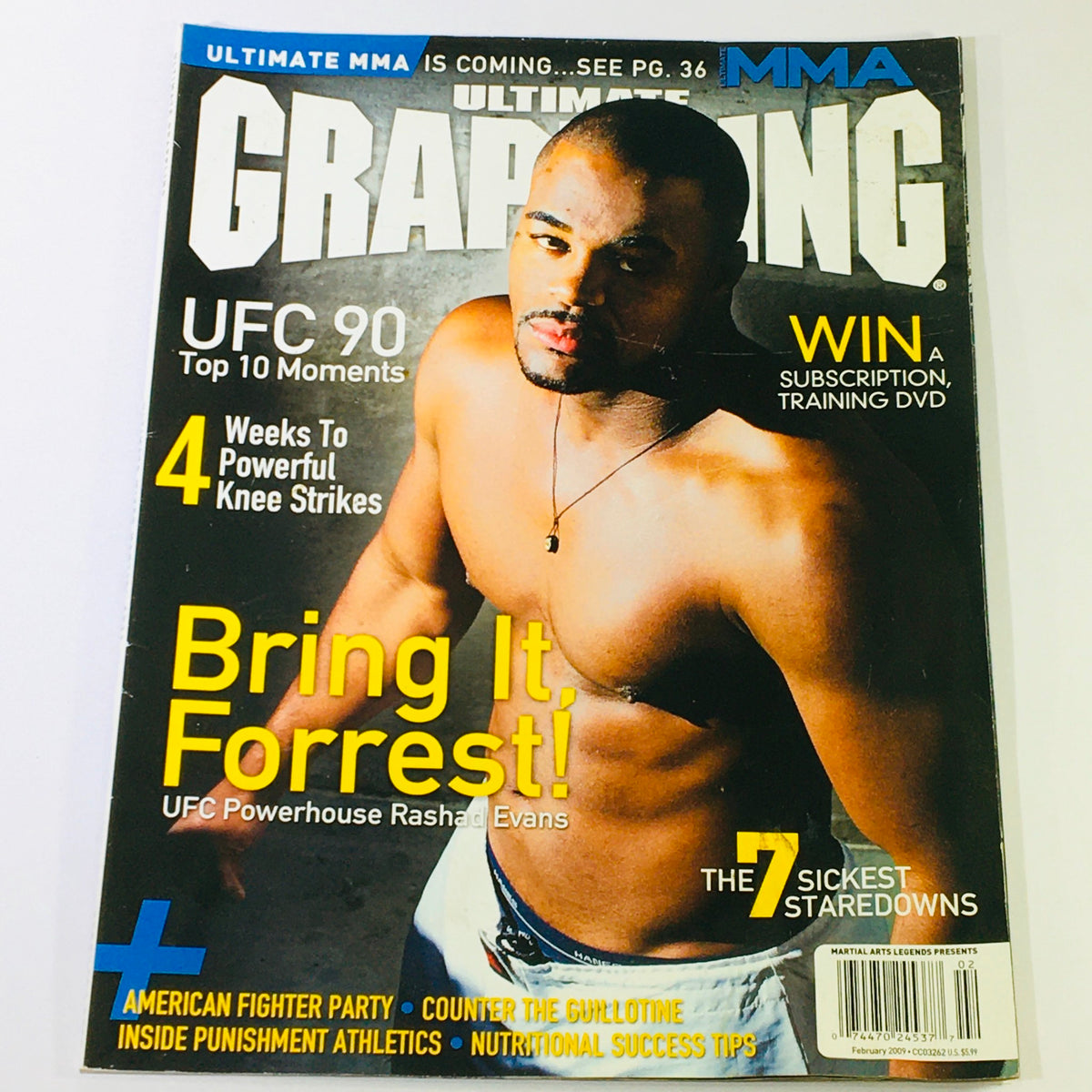 Cover of Ultimate Grappling MMA Magazine February 2009 featuring UFC powerhouse Rashad Evans. Highlights include UFC 90's top 10 moments and sections on training and nutrition.