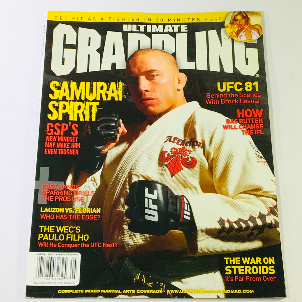 Cover of Ultimate Grappling MMA Magazine May 2008 featuring Bas Rutten, showcasing the thrilling bout between Lauzon and Florian, with a focus on the sport of mixed martial arts.