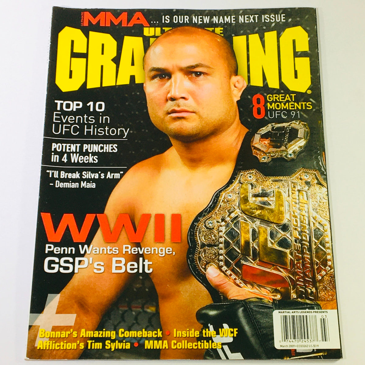 Ultimate Grappling MMA Magazine March 2009 cover showcasing Demian Maia and Anderson Silva with UFC championship details.