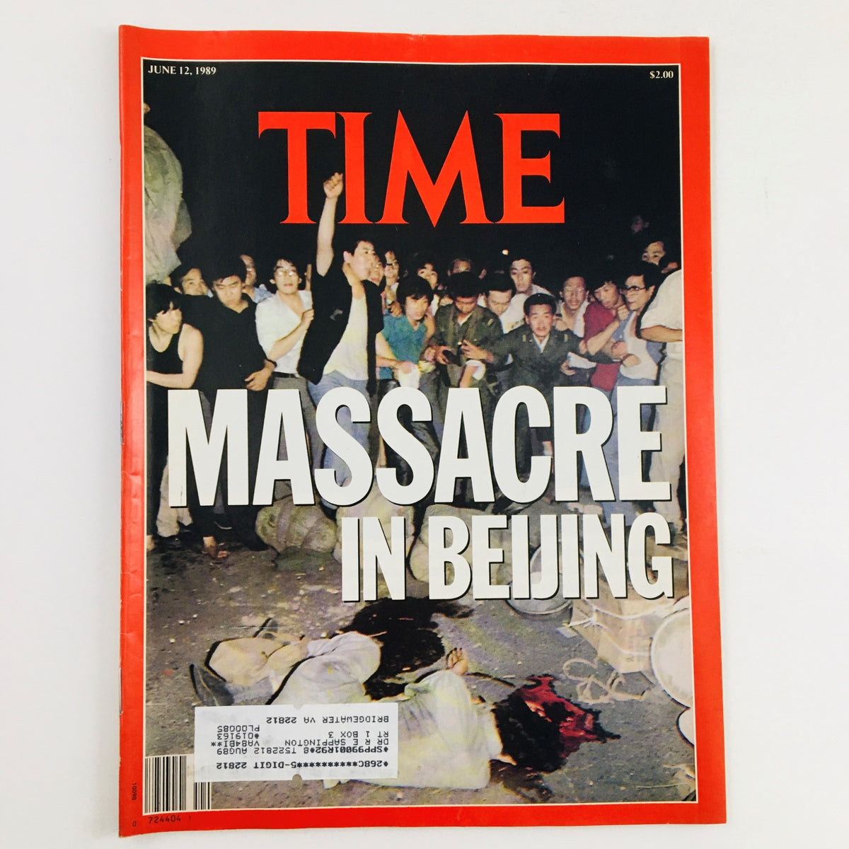Time Magazine June 12, 1989, cover featuring the headline 'Massacre in Beijing', capturing the emotional scene of protests and aftermath related to the Tiananmen Square events. This vintage magazine reflects a pivotal moment in history.