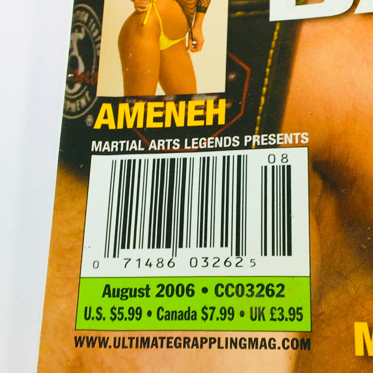Back cover of the Ultimate Grappling MMA Magazine August 2006 showcasing pricing and publication information with wear marks.