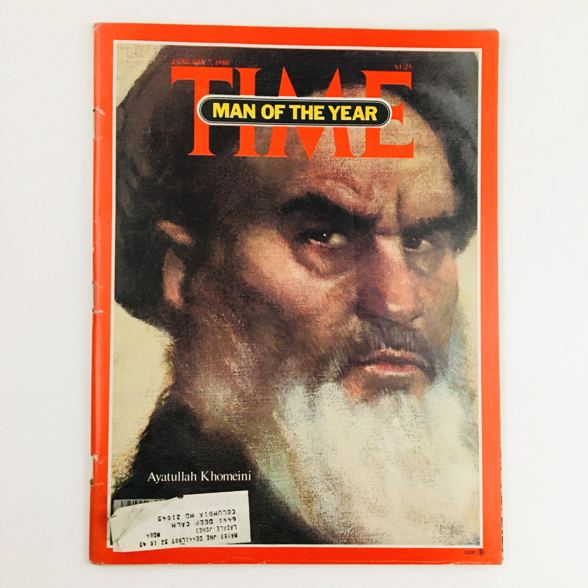 Time Magazine January 7 1980 Vol. 115 No. 1 cover featuring Iranian leader Ruhollah Khomeini, recognized as Man of the Year, showcasing a portrait of Khomeini with intense expression.