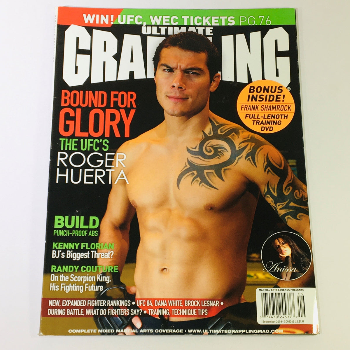 Cover of Ultimate Grappling MMA Magazine from September 2008 featuring MMA fighters Roger Huerta and Kenny Florian, highlighting articles on UFC, training tips, and mixed martial arts insights.