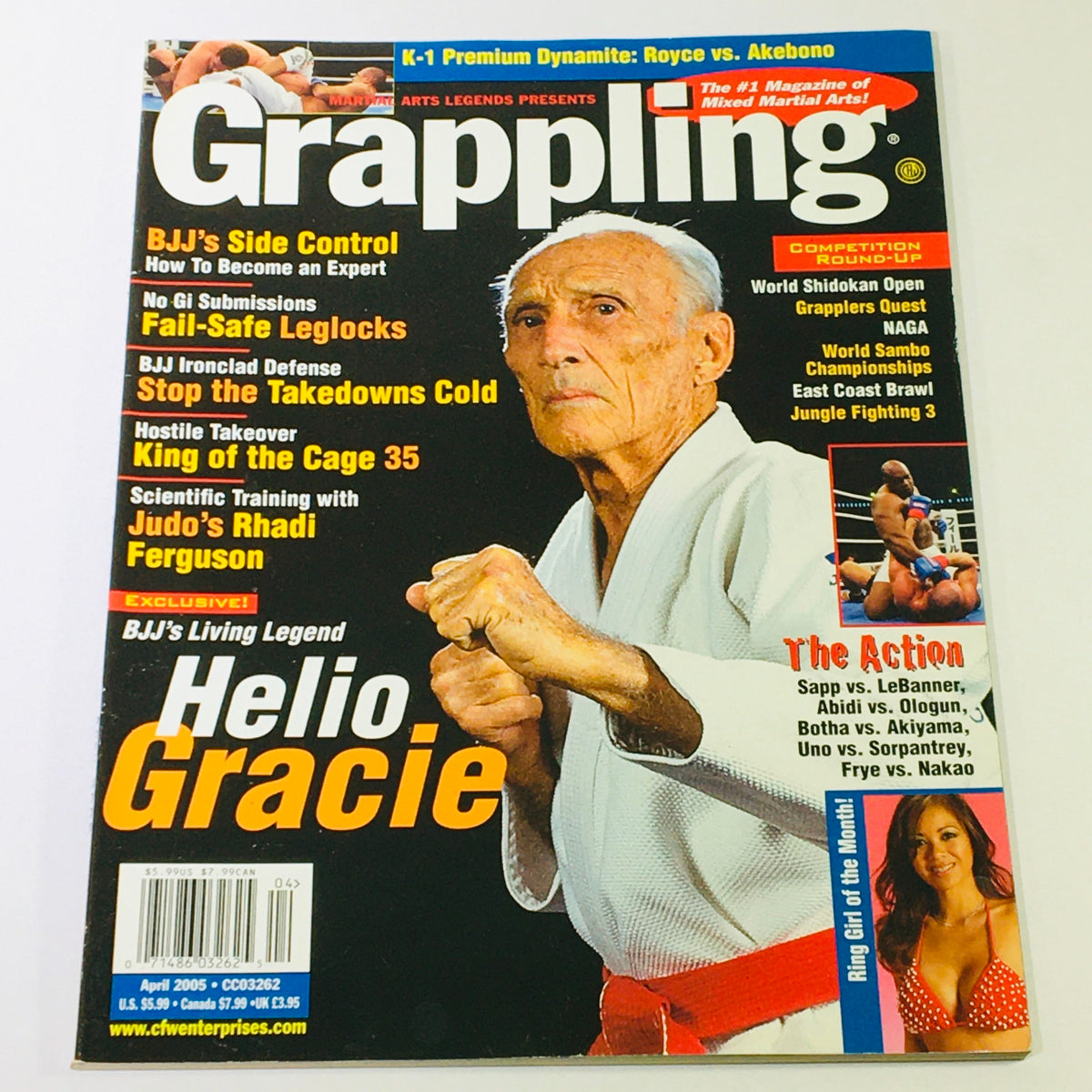 Ultimate Grappling MMA Magazine April 2005 cover featuring legendary martial artist Helio Gracie, showcasing articles on Brazilian Jiu-Jitsu and the iconic matchup of Royce Gracie vs Akebono Tarō.
