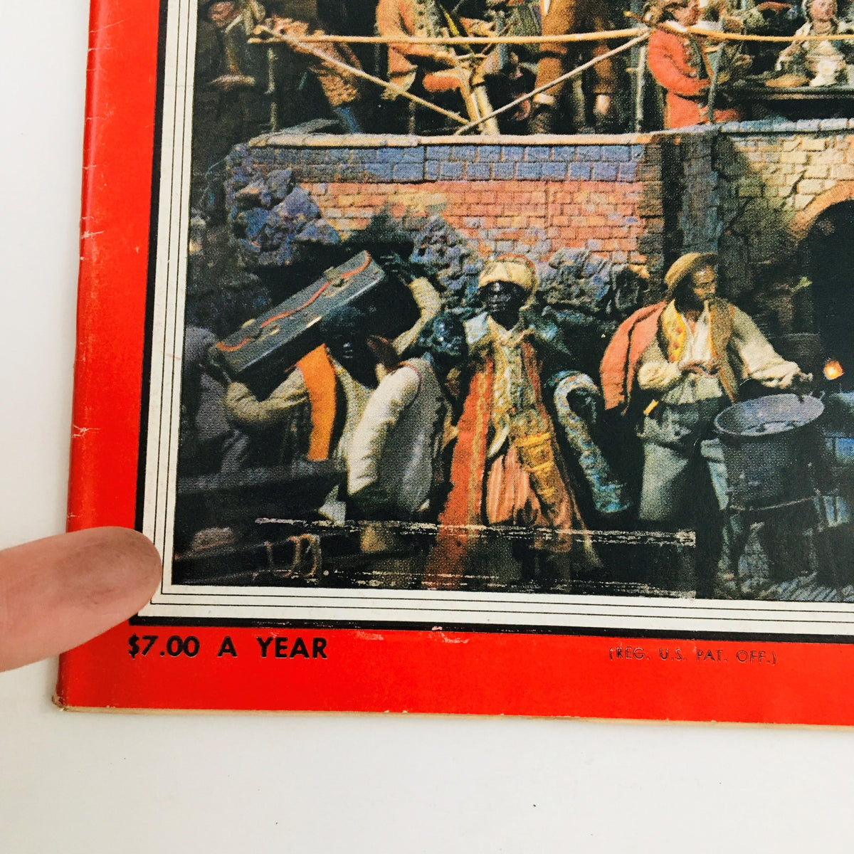 Close-up view of the lower section of the Time Magazine December 28, 1959 cover, showing the price of $7.00 a year alongside the illustration from the 'The Rich Poverty' theme.
