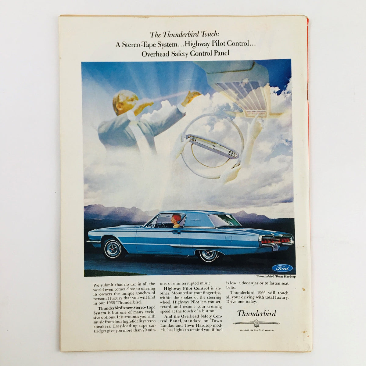 Back cover of Time Magazine April 8 1966, Vol. 87 No. 14 featuring an advertisement for Ford Thunderbird and its features.
