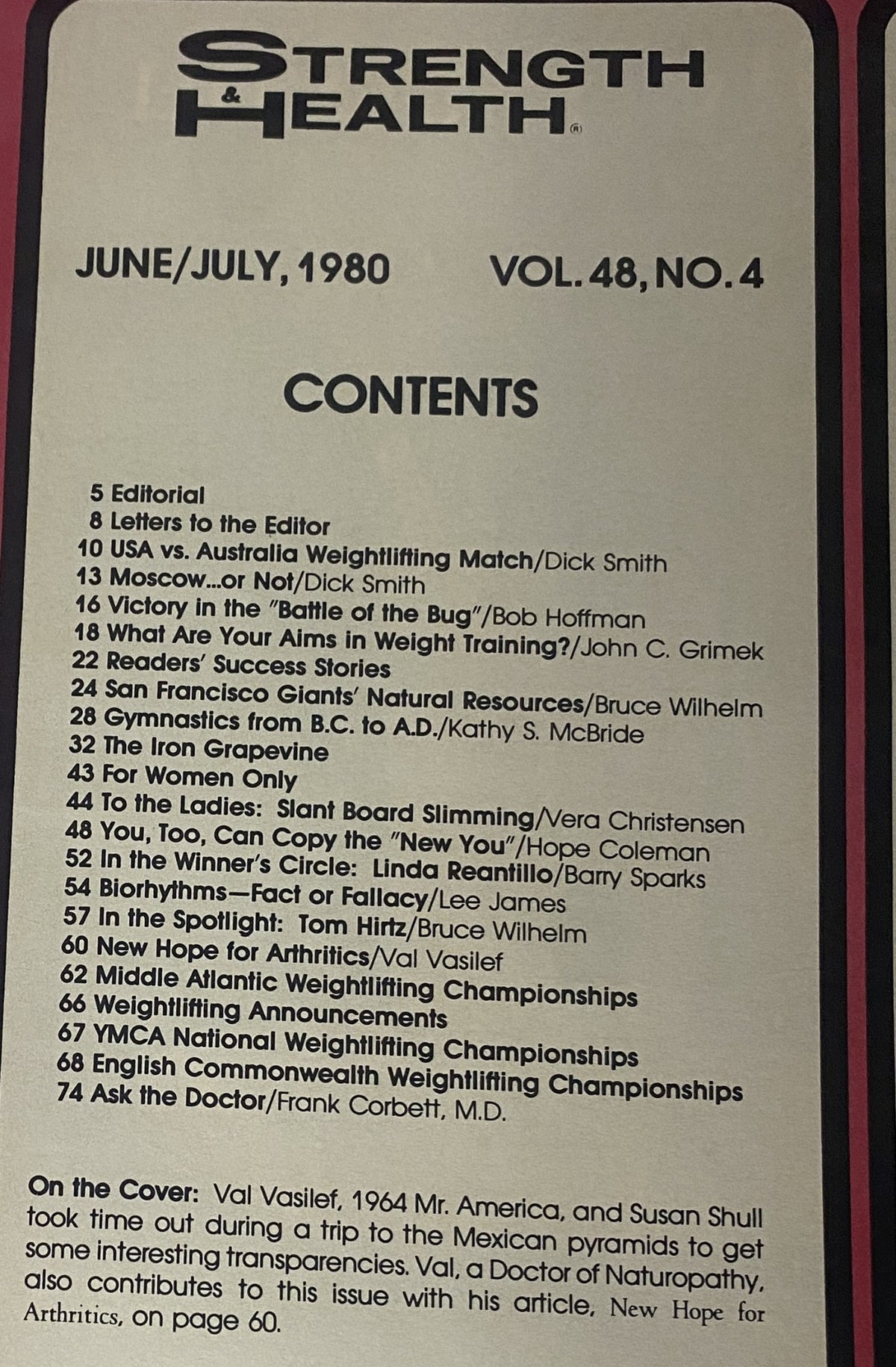 Table of contents from Strength & Health Magazine July 1980, highlighting articles including 'Hope for Arthritis' and coverage of various weightlifting events.