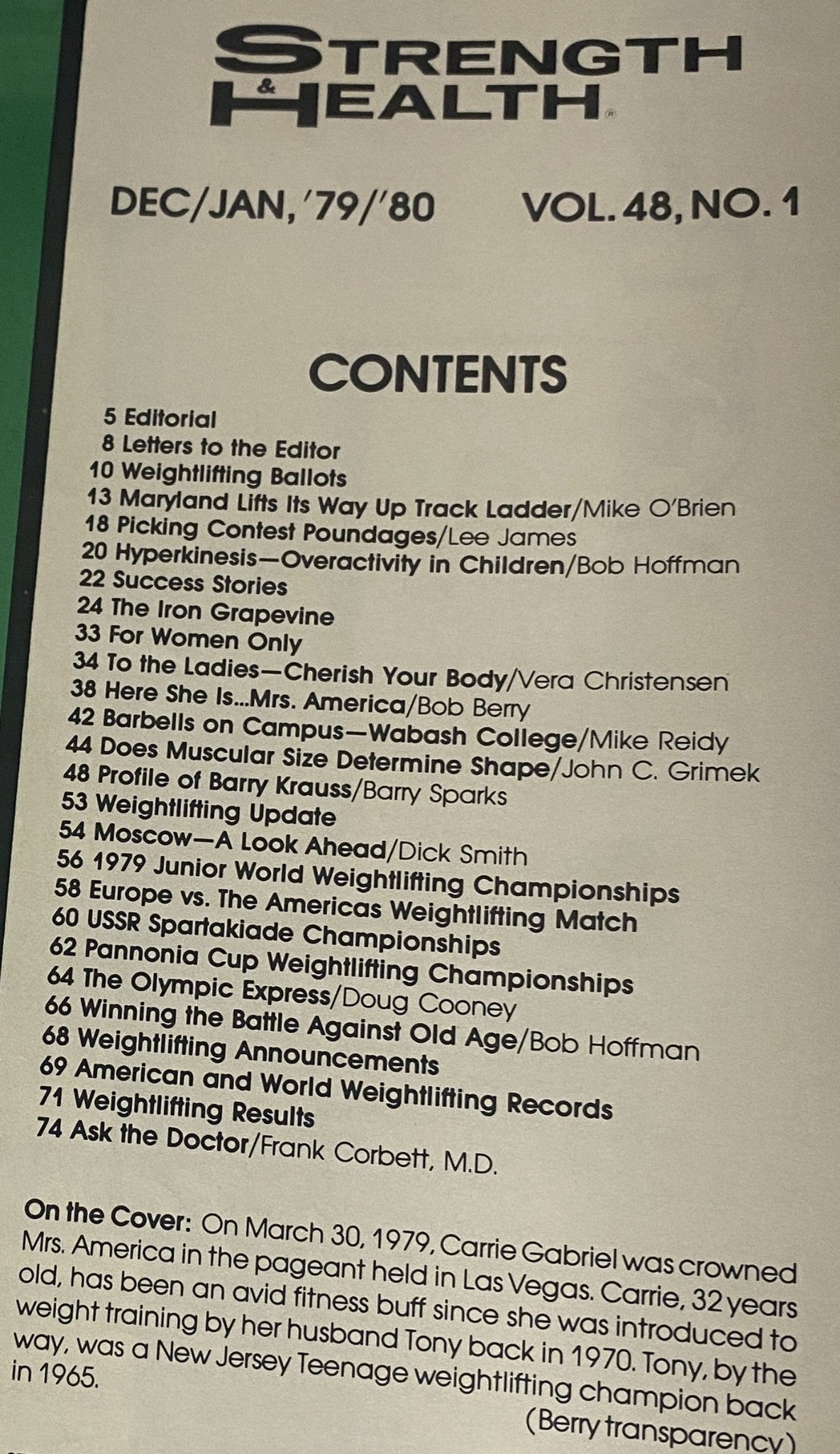 Contents page of Strength & Health Magazine January 1980 featuring articles on fitness, weightlifting, and women's health, including Carrie Gabriel's profile as Mrs. America.