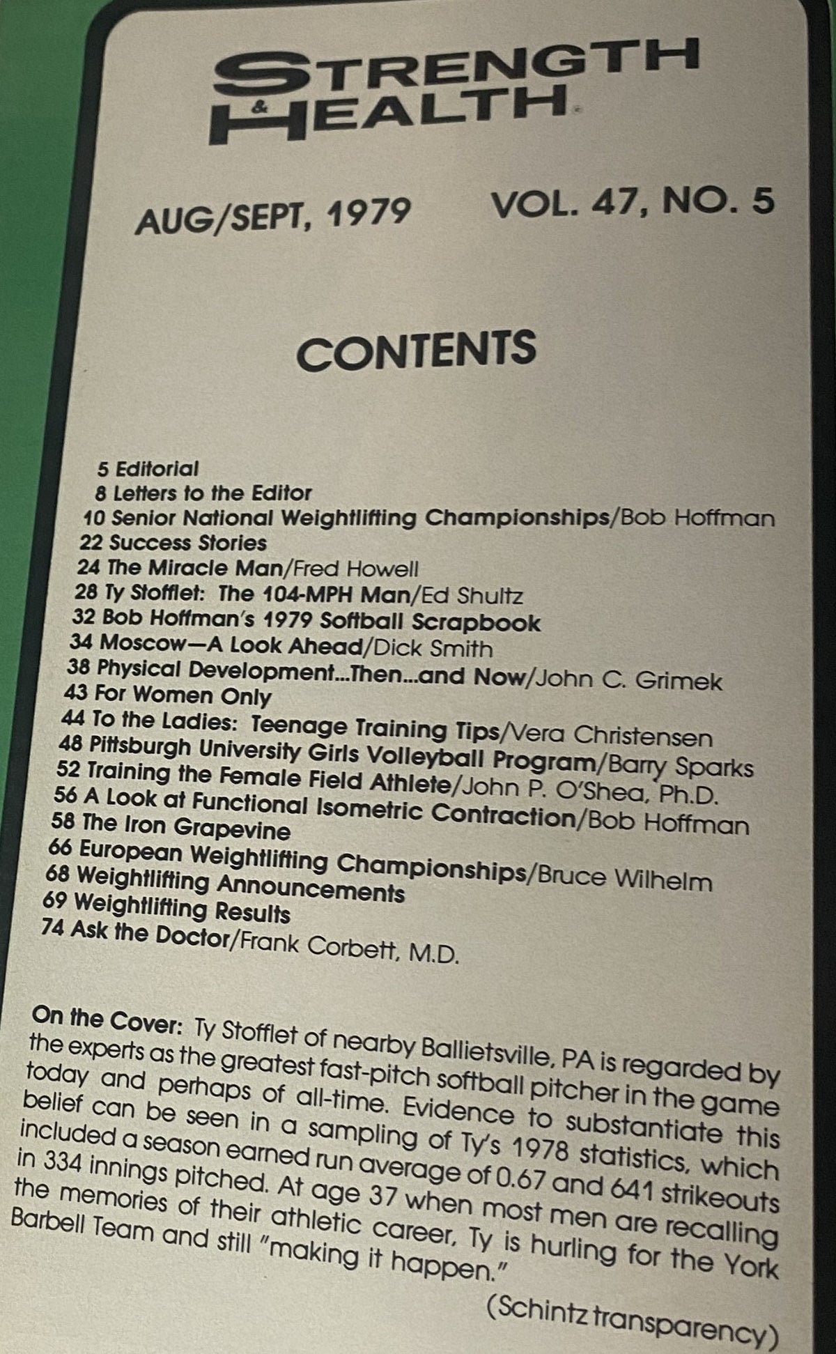 Table of contents from Strength & Health Magazine, September 1979, Vol 47 No. 5, detailing articles on weightlifting, women’s fitness, and an interview with Ty Stofflet.
