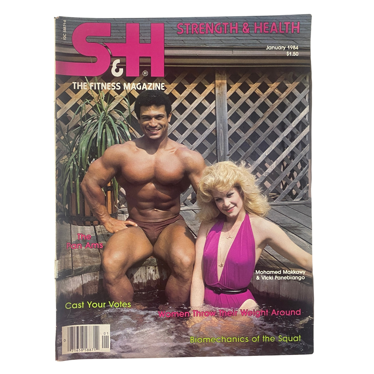 Strength & Health Magazine January 1984 cover featuring Mohammed Makkawy and Vicki Panebiango posing by a wooden fence and plants, highlighting the pro-am bodybuilding theme of the issue.