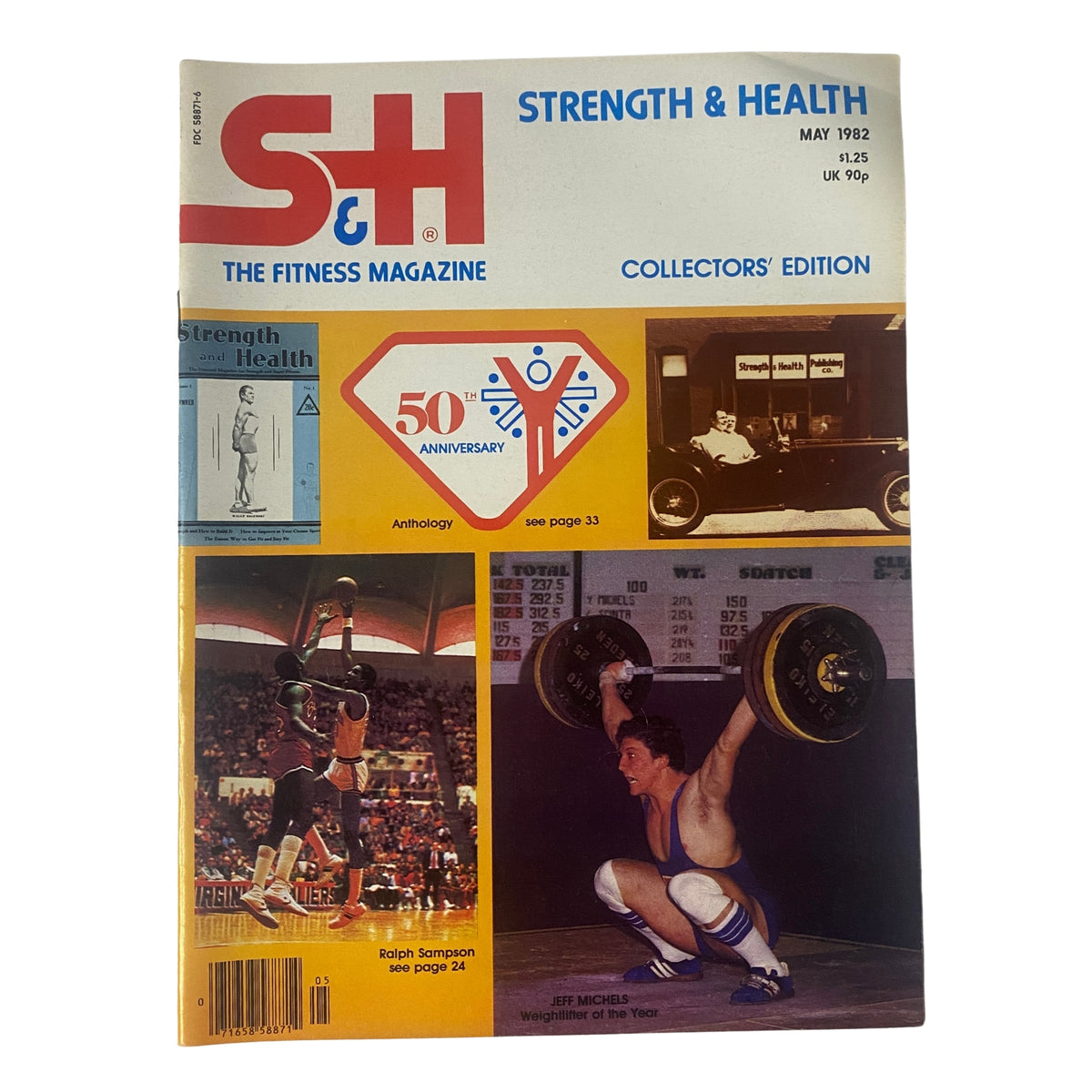 Cover of Strength & Health Magazine May 1982, featuring Jeff Michels and Ralph Sampson, celebrates the magazine's 50th Anniversary with a collectors edition design.