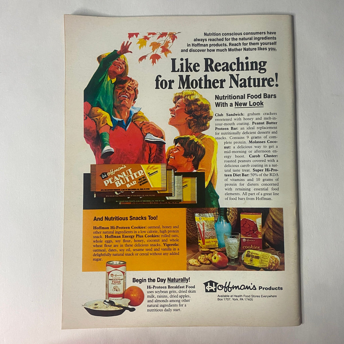 Vintage advertisement for Hoffman's Products featuring nutritional food bars and healthy snacks. This image is from the Strength & Health Magazine May 1982 edition, celebrating fitness and health.