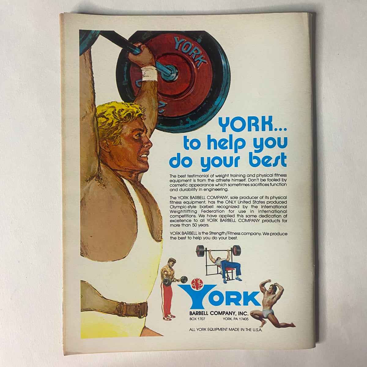 Advertisement page from Strength & Health Magazine, showcasing York Barbell Company products geared towards weight training and fitness.