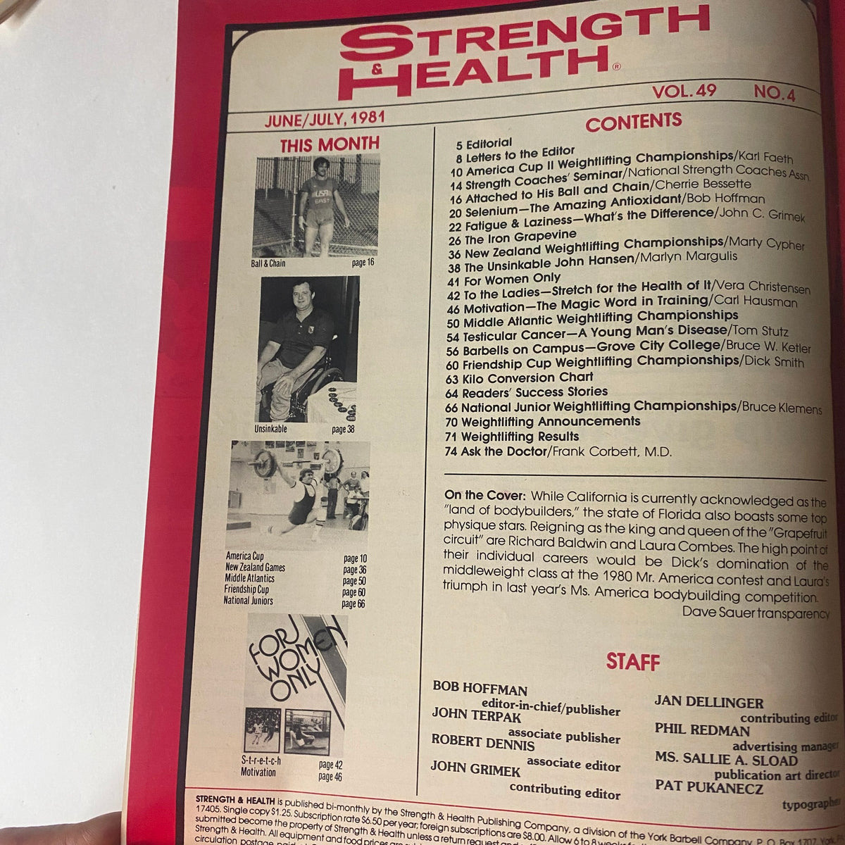 Contents page of Strength & Health Magazine July 1981 featuring articles on bodybuilding competitions, training tips, and the editorial staff.
