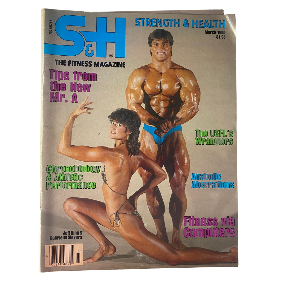 Cover of Strength & Health Magazine, March 1985, featuring Jeff King, Mr. America and Mr. Universe, alongside Gabrielle Sievers in a dynamic pose, highlighting bodybuilding excellence.