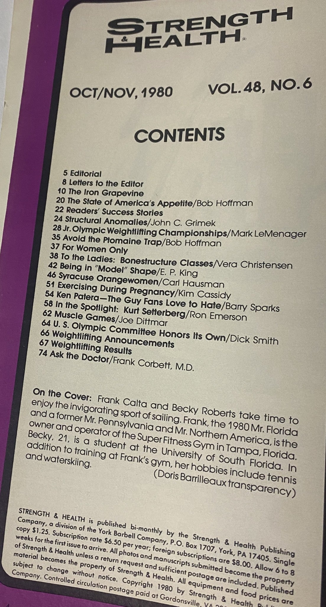 Table of contents from Strength & Health Magazine November 1980, listing articles and features including fitness advice and competition news.