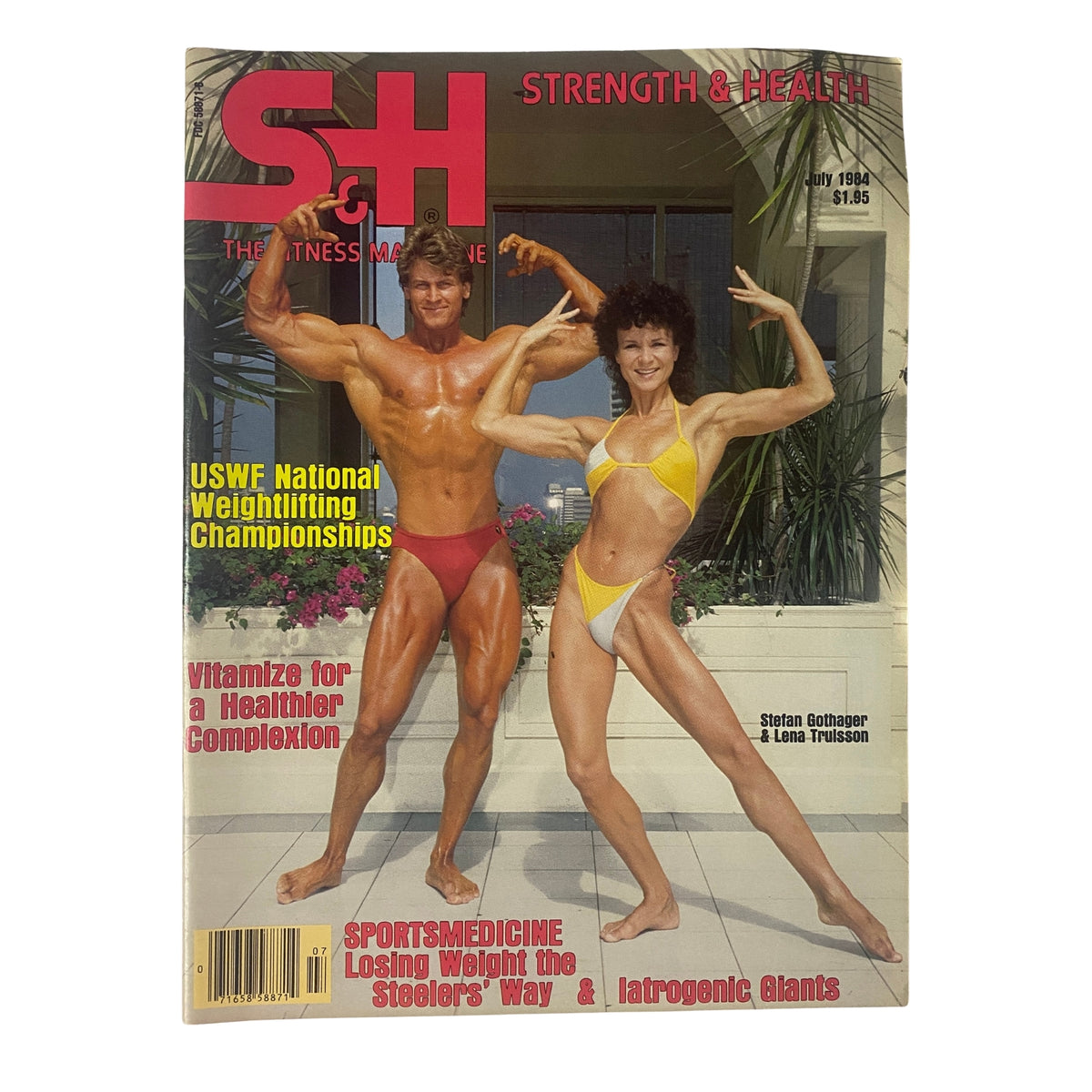 Strength & Health Magazine July 1984 cover featuring Stefan Gothager and Lena Trulsson, showcasing their physiques in swimwear, representing the era's bodybuilding culture.