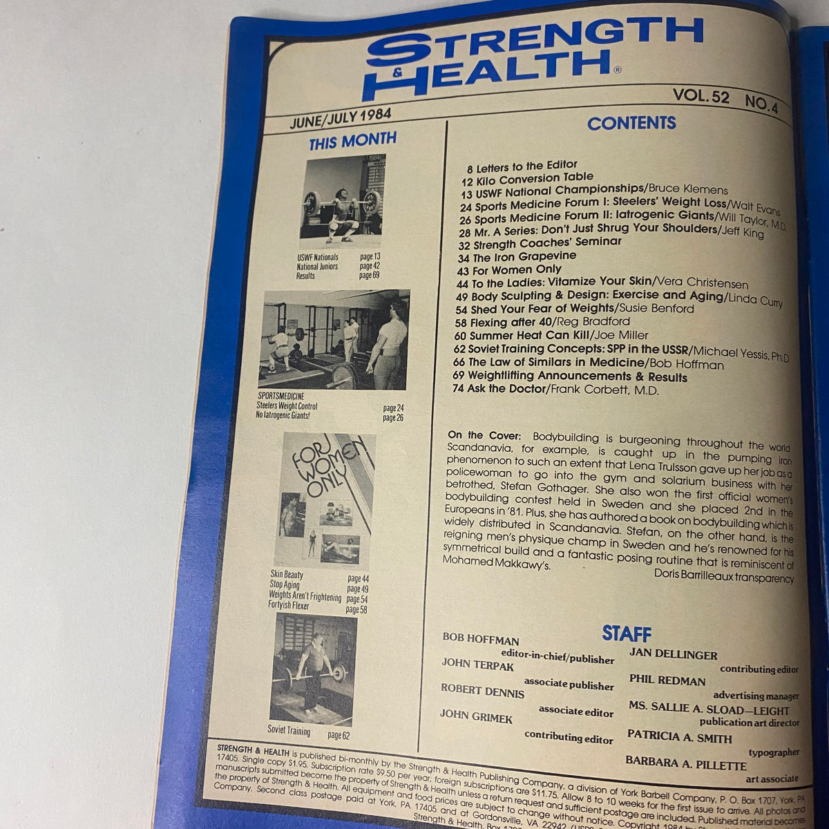 Inside cover of Strength & Health Magazine July 1984 featuring the table of contents and publication details.