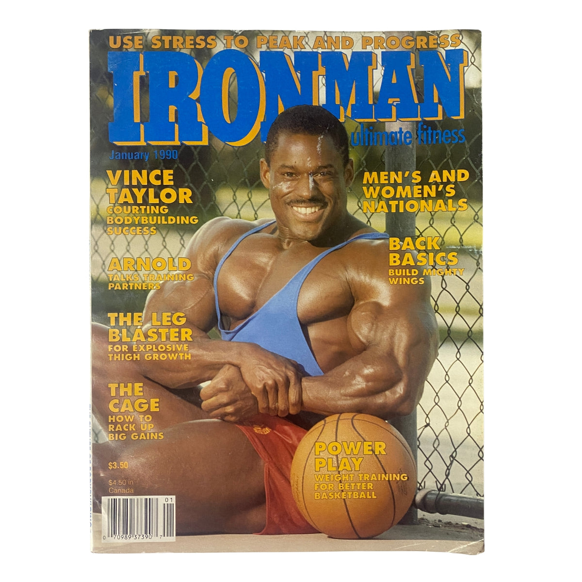 IronMan Magazine January 1990 Vol 49 No. 1 featuring Vince Taylor on the cover. This edition highlights body-building features, including articles by Arnold Schwarzenegger and training tips.