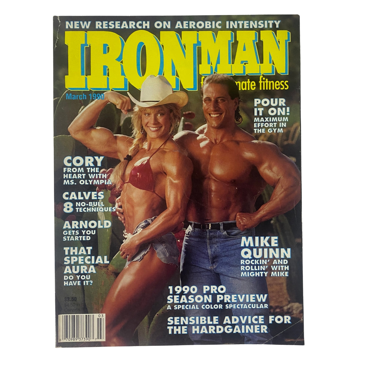 IronMan Magazine March 1990 cover featuring Mike Quinn and Cory Everson, showcasing fitness culture and bodybuilding. The cover highlights interview features with both athletes and includes articles on training and nutrition.