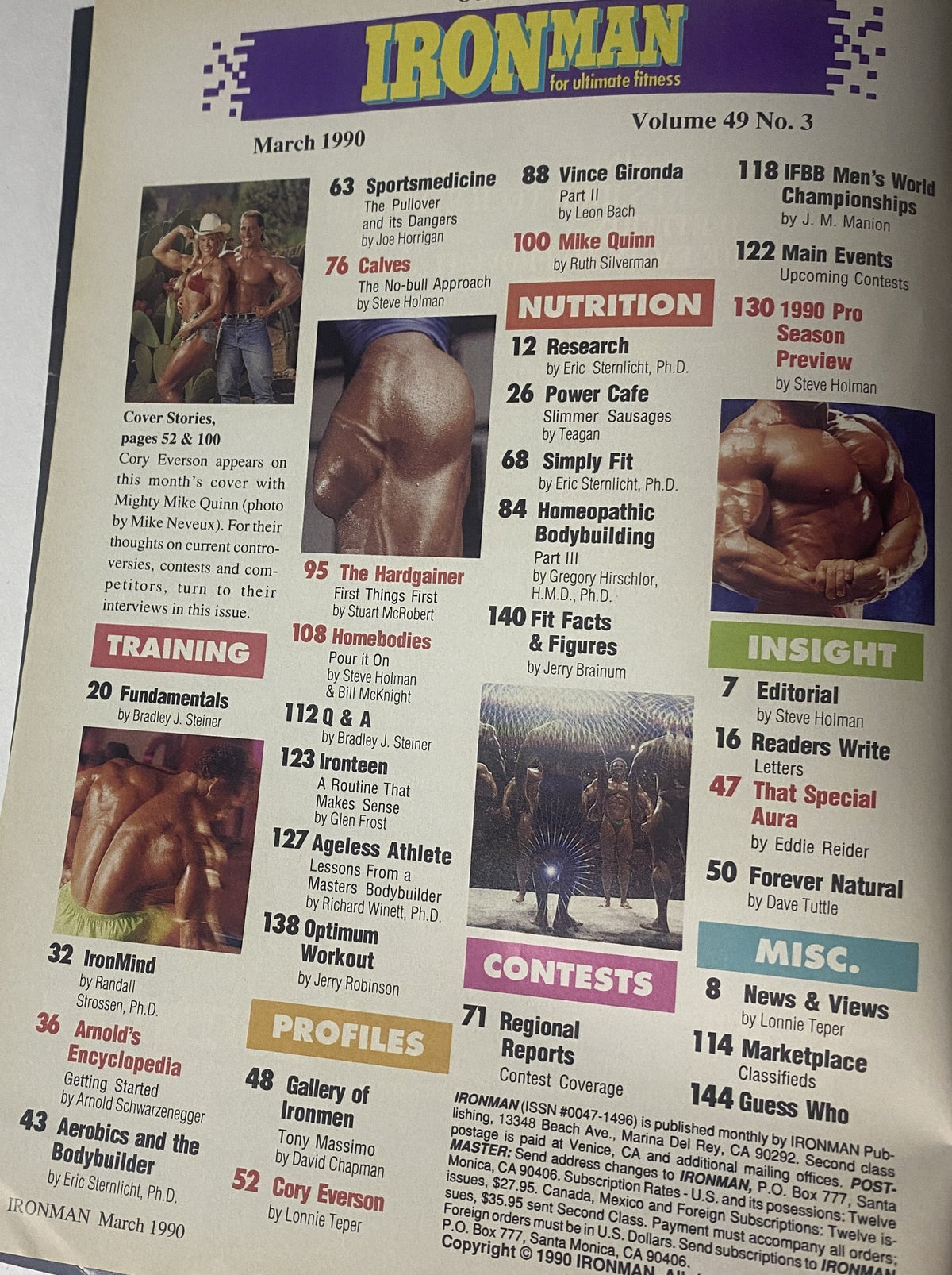 IronMan Magazine March 1990, Volume 49, No. 3 - Table of Contents featuring articles on bodybuilding, training, nutrition, and profiles including contributions from Mike Quinn and Cory Everson.