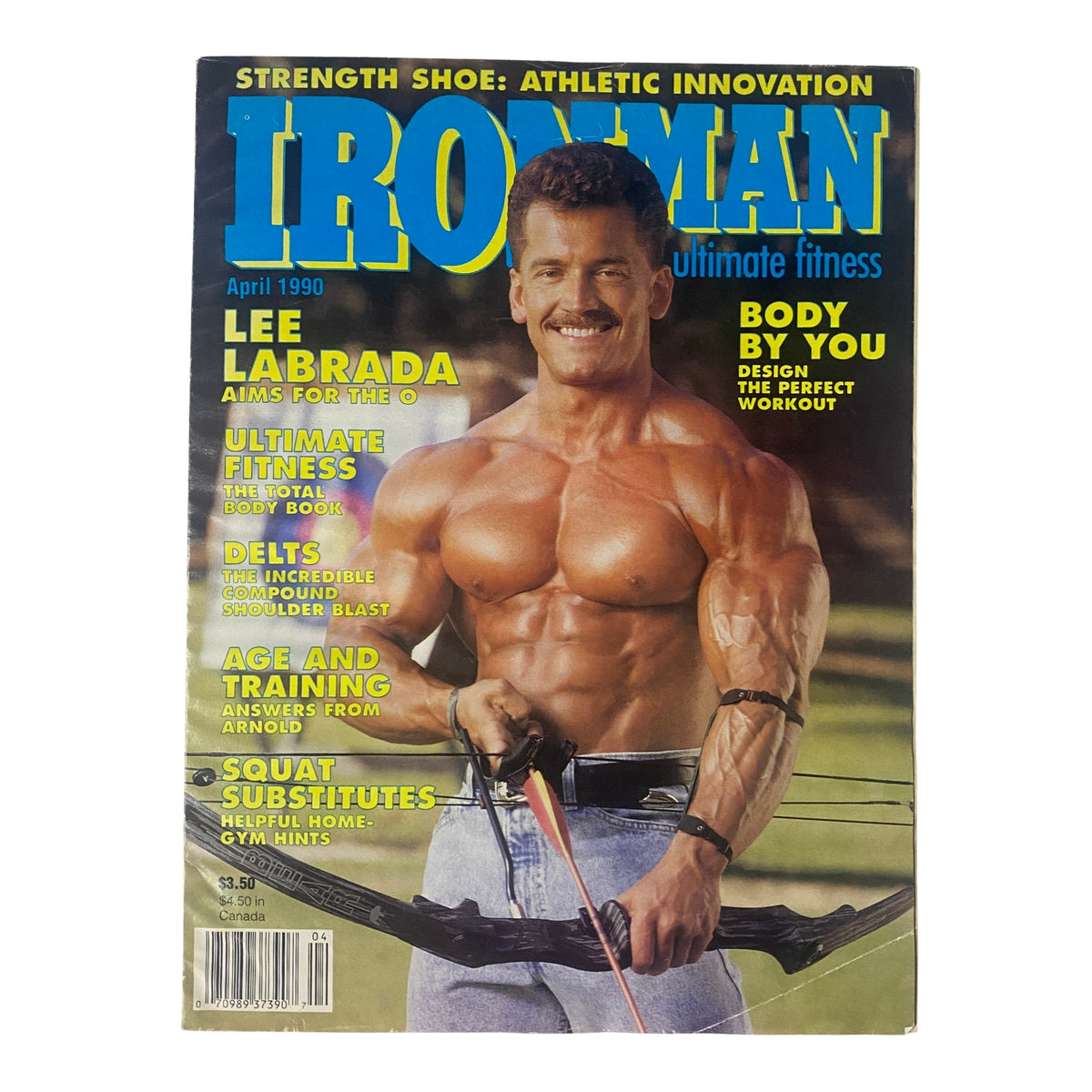 IronMan Magazine April 1990 Vol 49 No. 4 featuring Lee Labrada on the cover, showcasing his muscular physique and key fitness insights.