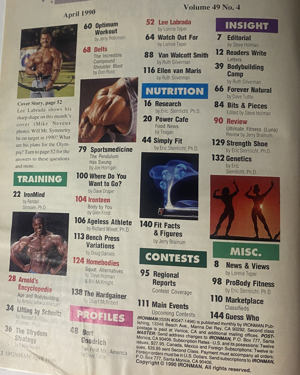 Table of Contents from IronMan Magazine April 1990 Vol 49 No. 4, detailing features on nutrition, training, contests, and profiles including Lee Labrada.