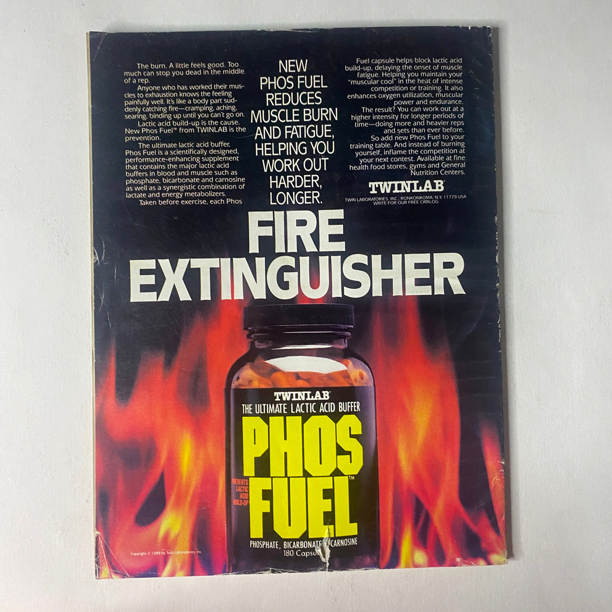 Back cover of IronMan Magazine April 1990 Vol 49 No. 4 advertising Phos Fuel, a product designed to enhance workout performance.