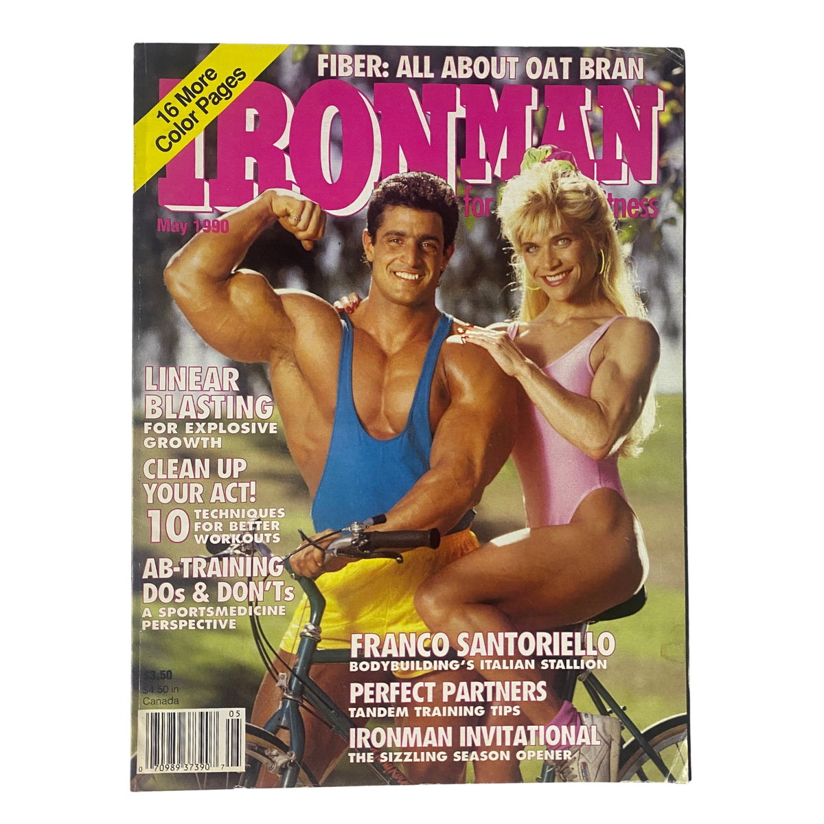Cover of IronMan Magazine May 1990 featuring Franco Santoriello and Drorit Kernes on a bicycle, showcasing fitness and bodybuilding themes.