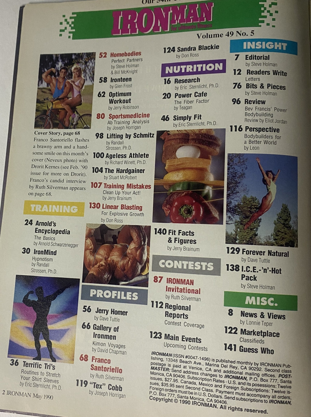 Table of Contents for IronMan Magazine Volume 49 No. 5, May 1990, detailing articles on training, nutrition, and bodybuilding insights.