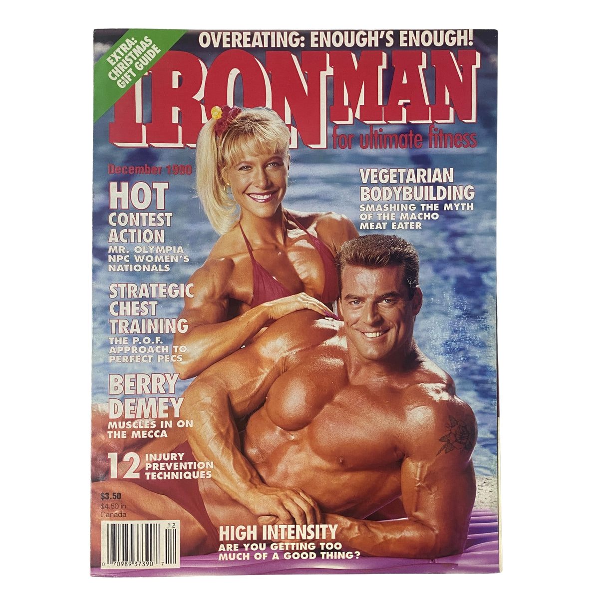Cover of IronMan Magazine December 1990 featuring Berry DeMey and Paula Piwarunas. The cover showcases their muscular physique, emphasizing fitness topics such as strategic chest training, vegetarian bodybuilding, and injury prevention.
