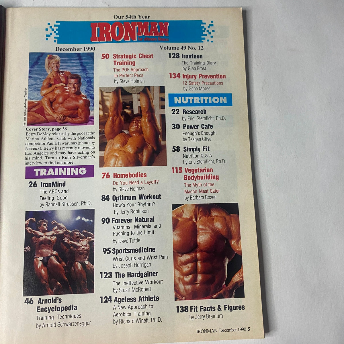 Inside page of IronMan Magazine December 1990 showcasing the table of contents. Highlights include articles on training techniques, nutrition, and contributions from Arnold Schwarzenegger and Steve Holman.