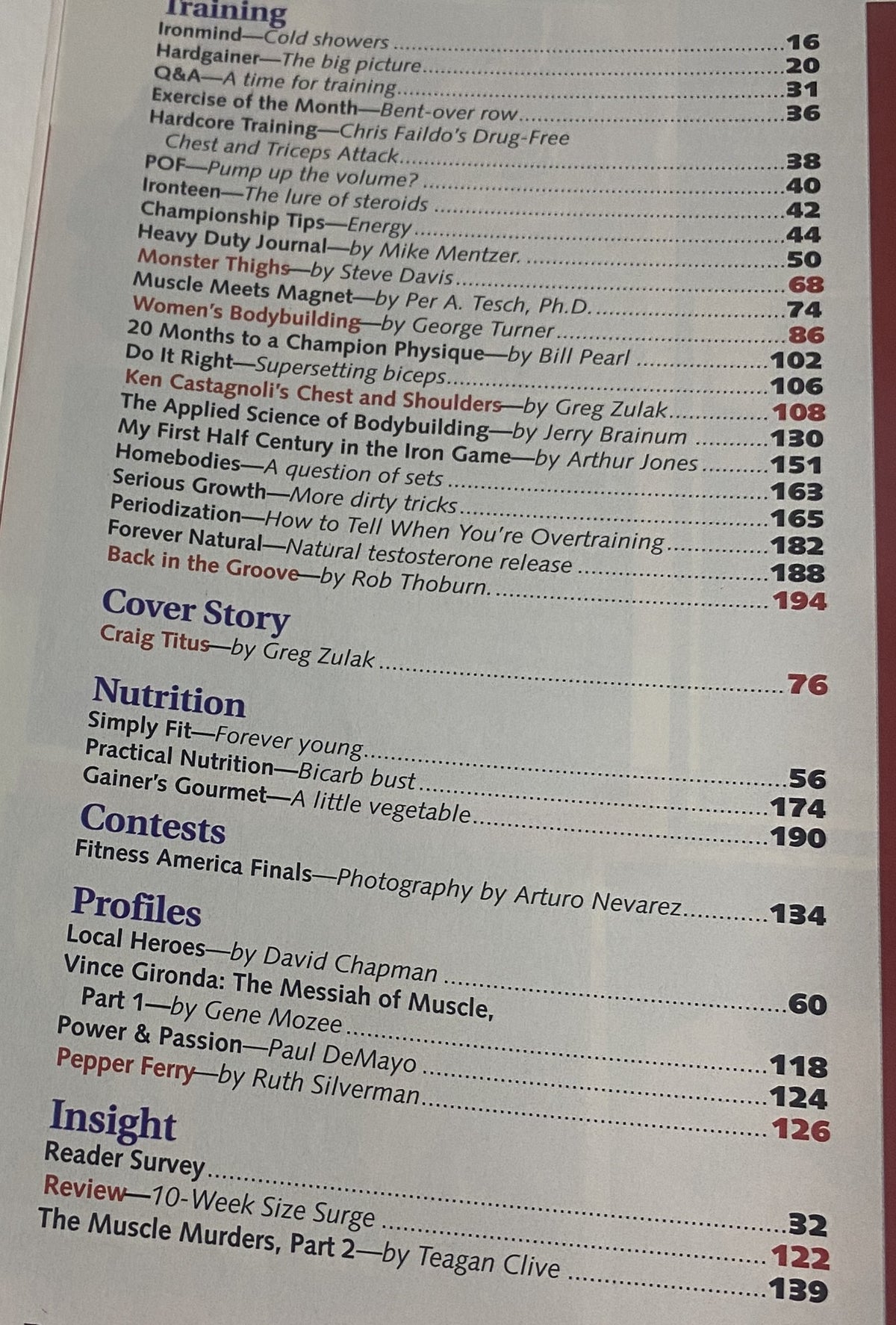 Table of contents from IronMan Magazine September 1995 Vol 54 No. 9, highlighting key articles including Craig Titus cover story and various bodybuilding features.