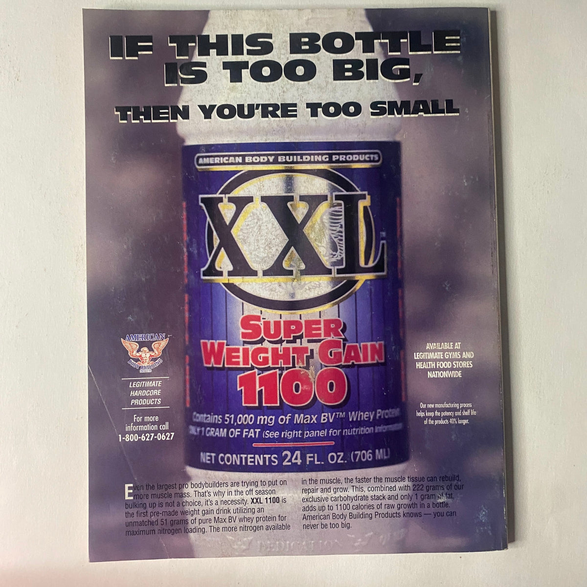 Advertisement for XXL Super Weight Gain 1100 from IronMan Magazine September 1995 Vol 54 No. 9, promoting bodybuilding nutrition supplement.
