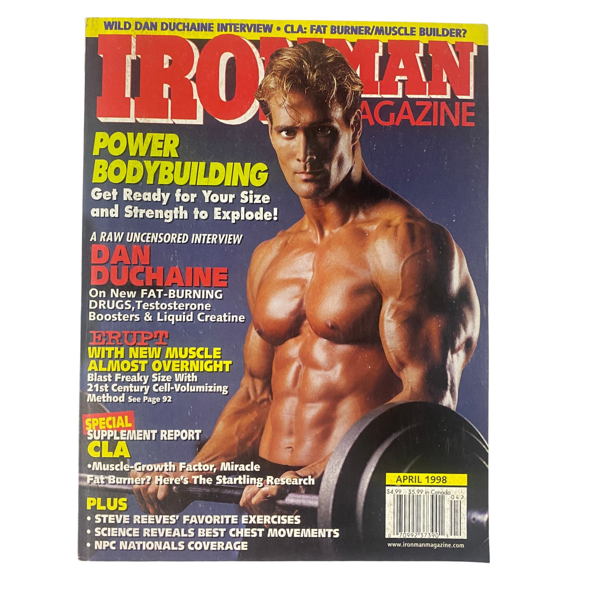 IronMan Magazine April 1998 featuring Mike O'Hearn on the cover, highlighting power bodybuilding and an interview with Dan Duchaine.