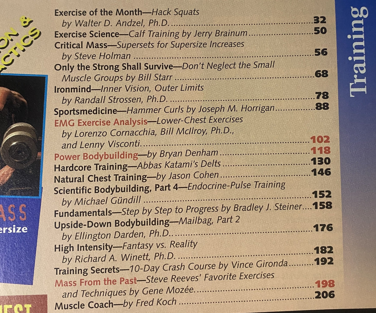 Interior page of IronMan Magazine April 1998, showcasing the table of contents focused on training exercises and muscle building techniques.