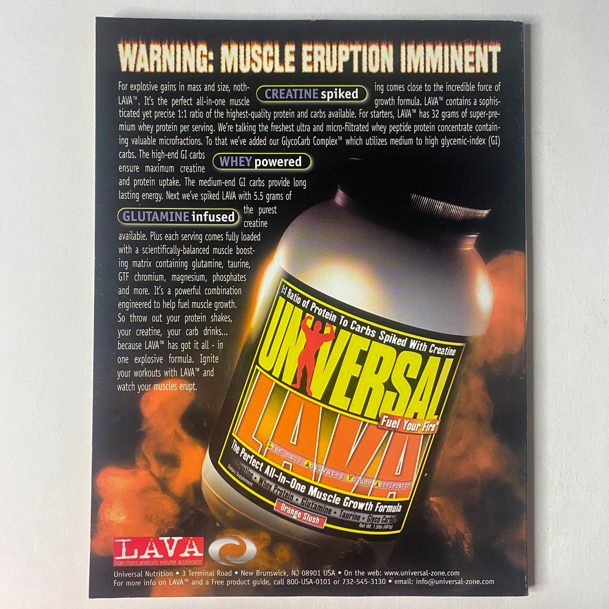 Promotional advertisement for Universal Nutrition LAVA, featured in IronMan Magazine May 1999, emphasizing its muscle-building benefits with creative visuals focused on protein and creatine supplements.