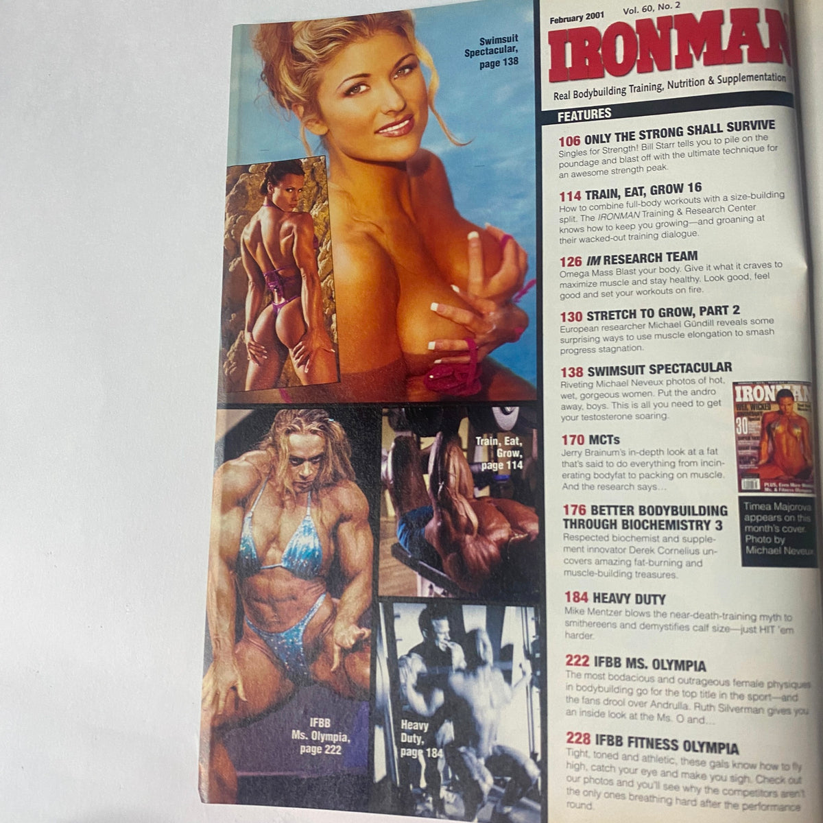 Inside page of IronMan Magazine February 2001 Vol 60 No. 2 displaying features including 'Only the Strong Shall Survive' and 'Swimsuit Spectacular', highlighting bodybuilding training and nutrition.