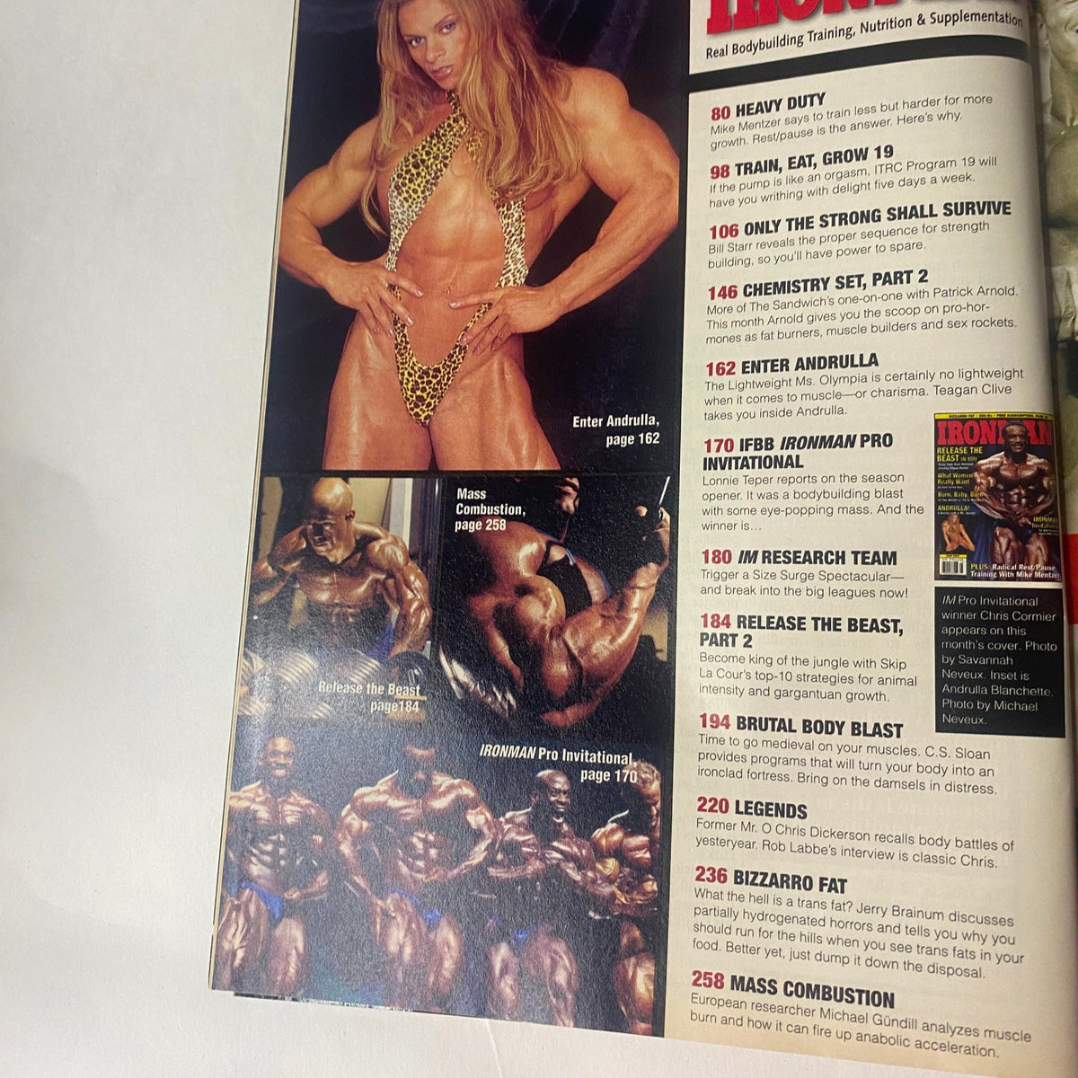 Inside page of IronMan Magazine May 2001 highlighting Andrulla Blanchette alongside articles on bodybuilding, training, and nutrition.