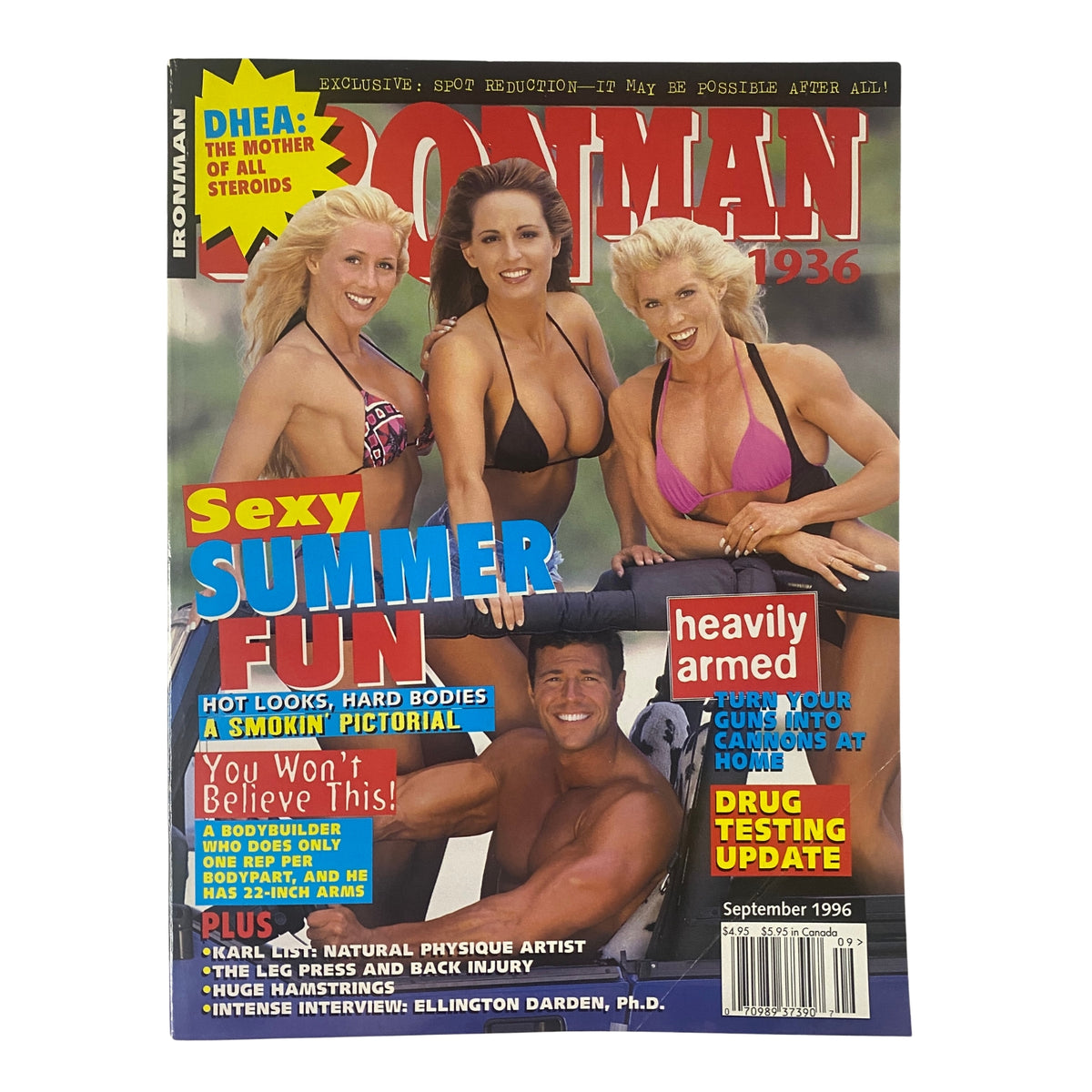 Cover of IronMan Magazine September 1996 featuring Katy Rickman, Camille Jones, Jennifer Goodwin, and Christian Boeving showcasing summer fitness themes with the headline 'Sexy Summer Fun'.