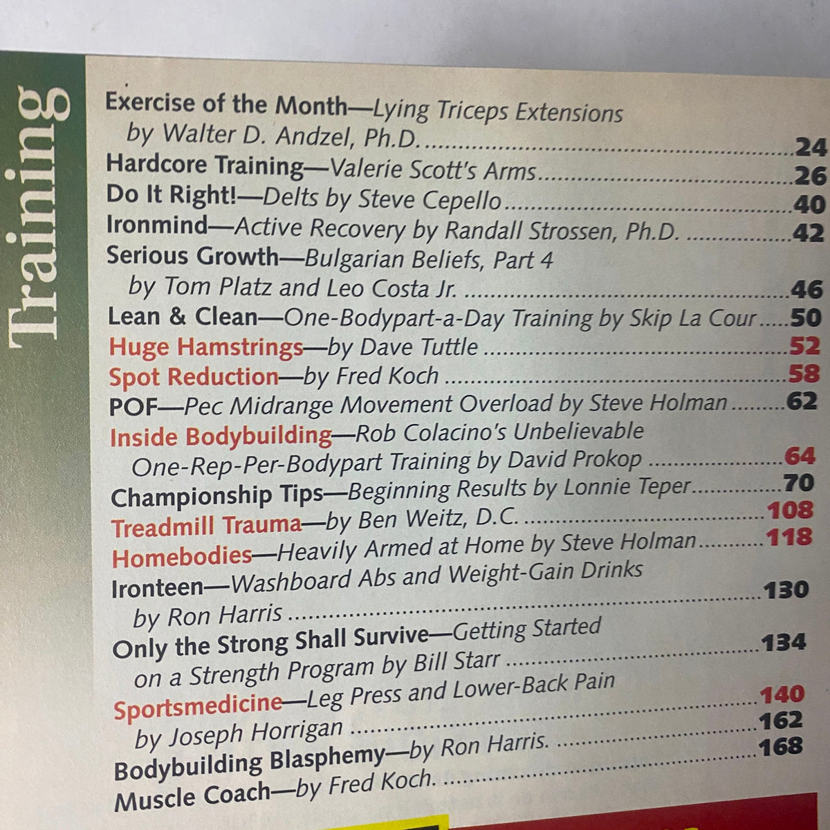 Table of contents from IronMan Magazine September 1996 detailing sections on training and fitness topics, highlighting features like 'Exercise of the Month' and 'Hardcore Training'.