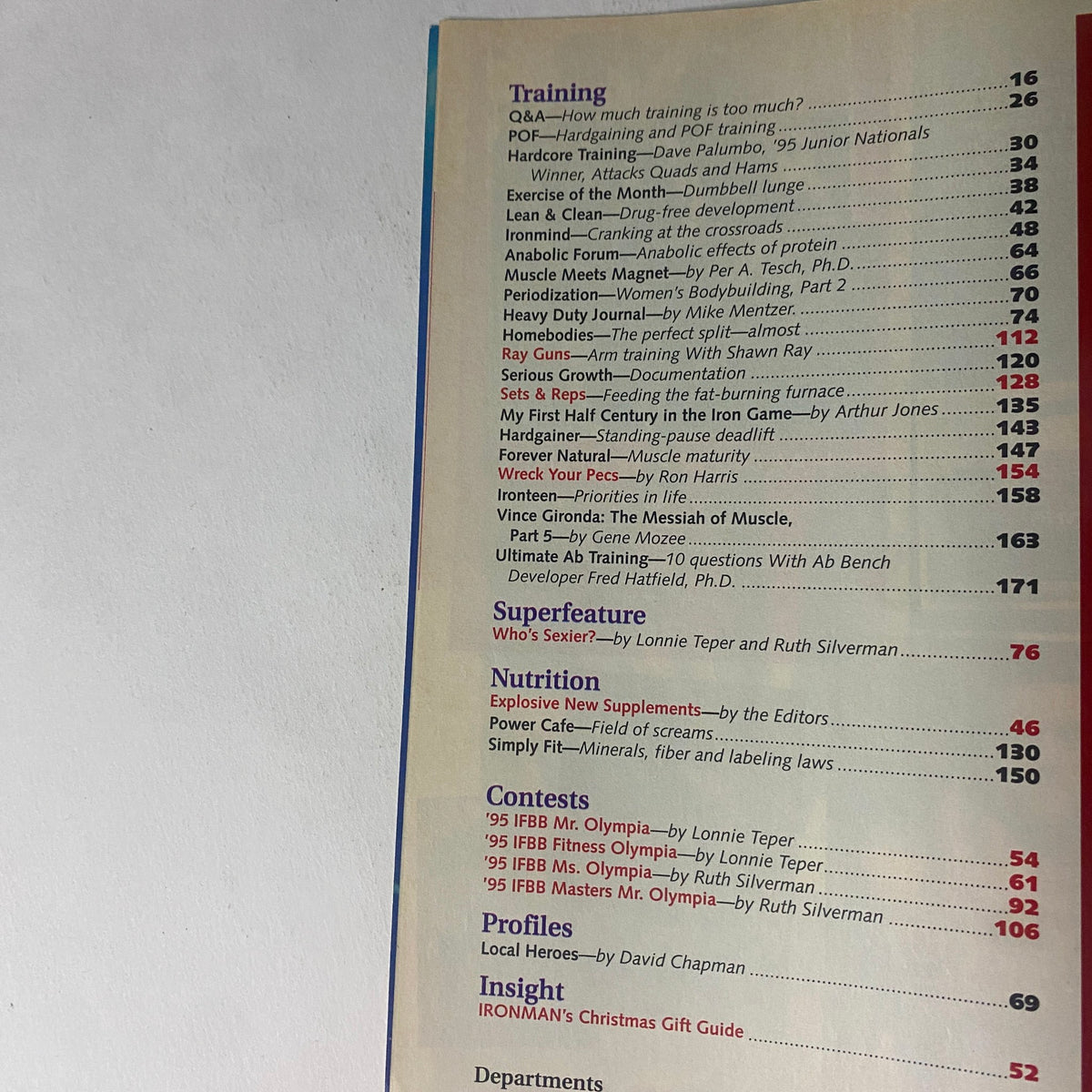 Table of contents of IronMan Magazine January 1996, Vol 55 No. 1 showing sections on training, nutrition, contests, and insights from the bodybuilding community.