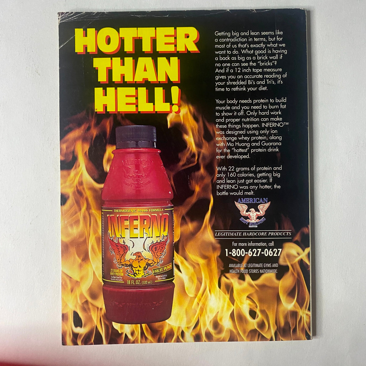 Advert for INFERNO product in IronMan Magazine January 1996, Vol 55 No. 1, featuring bold graphics and text stating 'Hotter Than Hell!' emphasizing muscle-building and protein benefits.