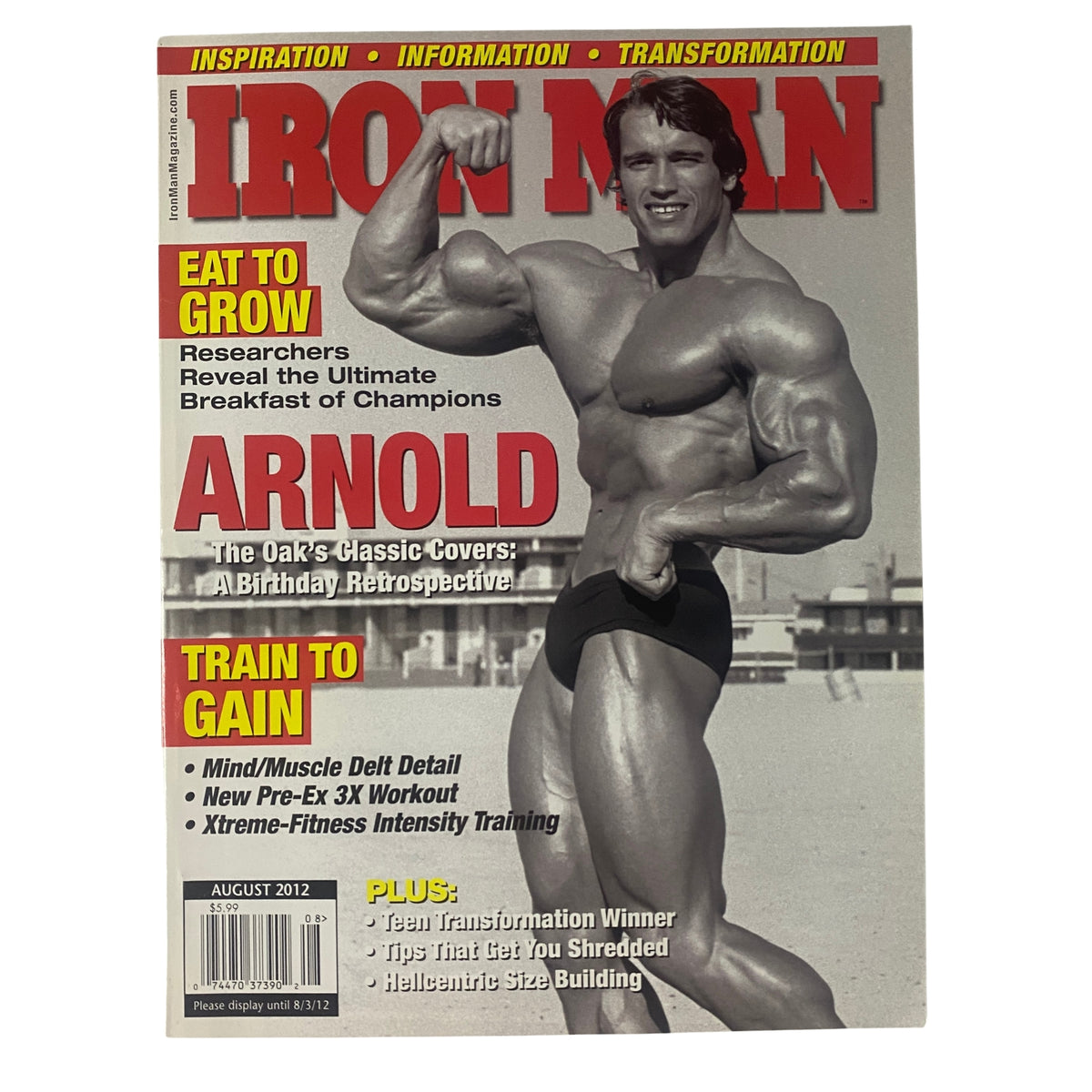 IronMan Magazine August 2012 Vol 71 No. 8 cover featuring Arnold Schwarzenegger, showcasing bodybuilding excellence and transformative training insights.