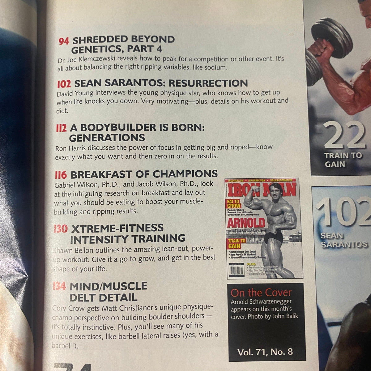 Inside page of IronMan Magazine August 2012 Vol 71 No. 8, detailing features like 'Shredded Beyond Genetics' and highlighting Arnold Schwarzenegger on the cover.