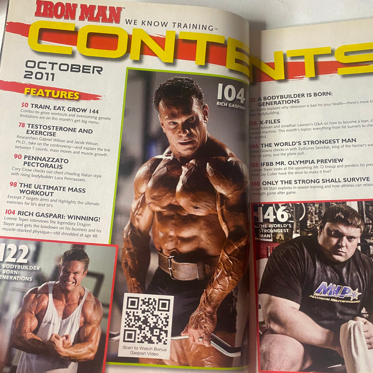 Inside page of IronMan Magazine October 2011 displaying the table of contents with Rich Gaspari highlighted, including features on training, testosterone, and mass workouts.