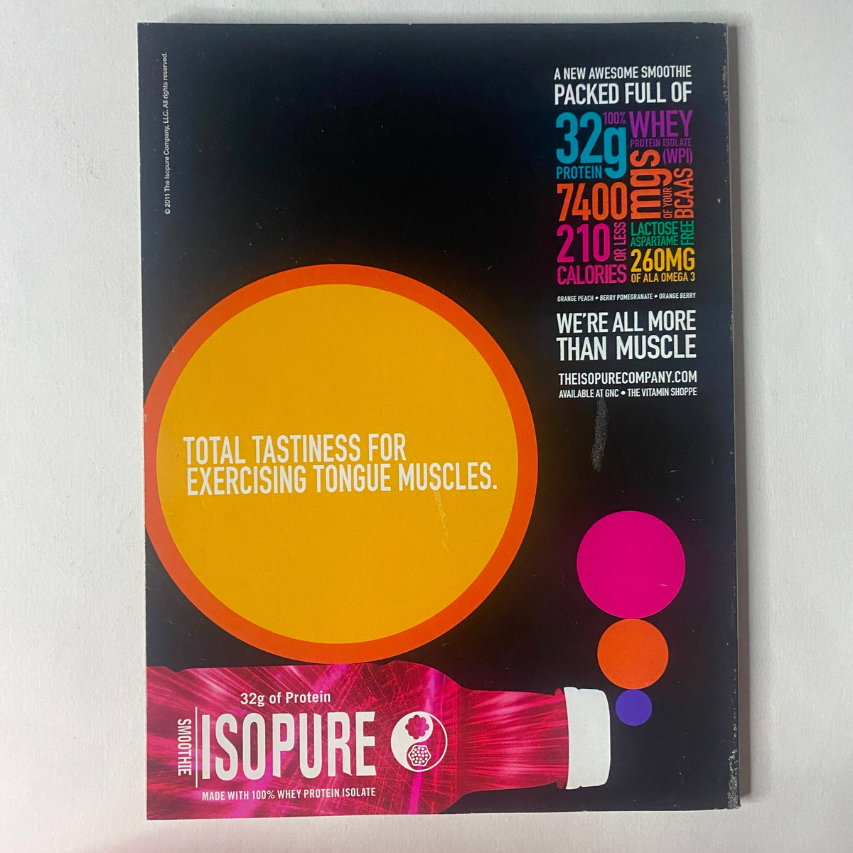 Back cover of IronMan Magazine October 2011 advertising Isopure product, emphasizing its high protein content and promoting fitness and wellness.