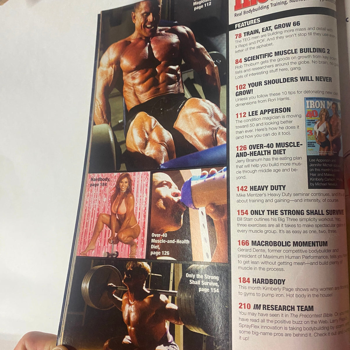 Inside IronMan Magazine April 2005 featuring Lee Apperson and Jennifer Micheli showcasing bodybuilder training techniques on pages covering features like Train, Eat, Grow and Over-40 Muscle-and-Health Diet.